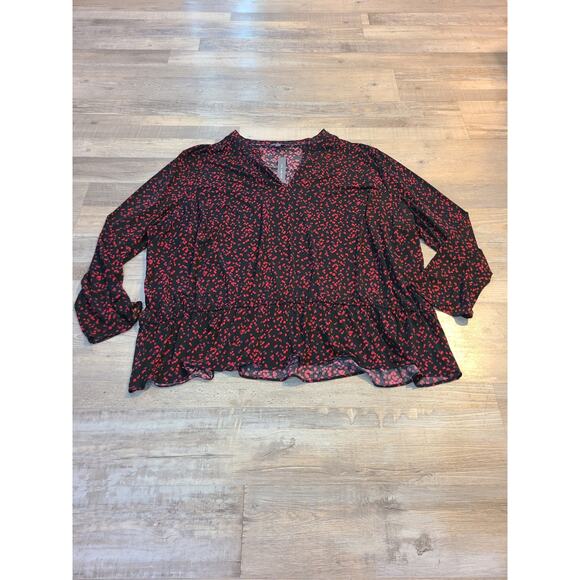 The Limited 3x women's long sleeve, ruffled hem black and red printed blouse - Picture 1 of 9